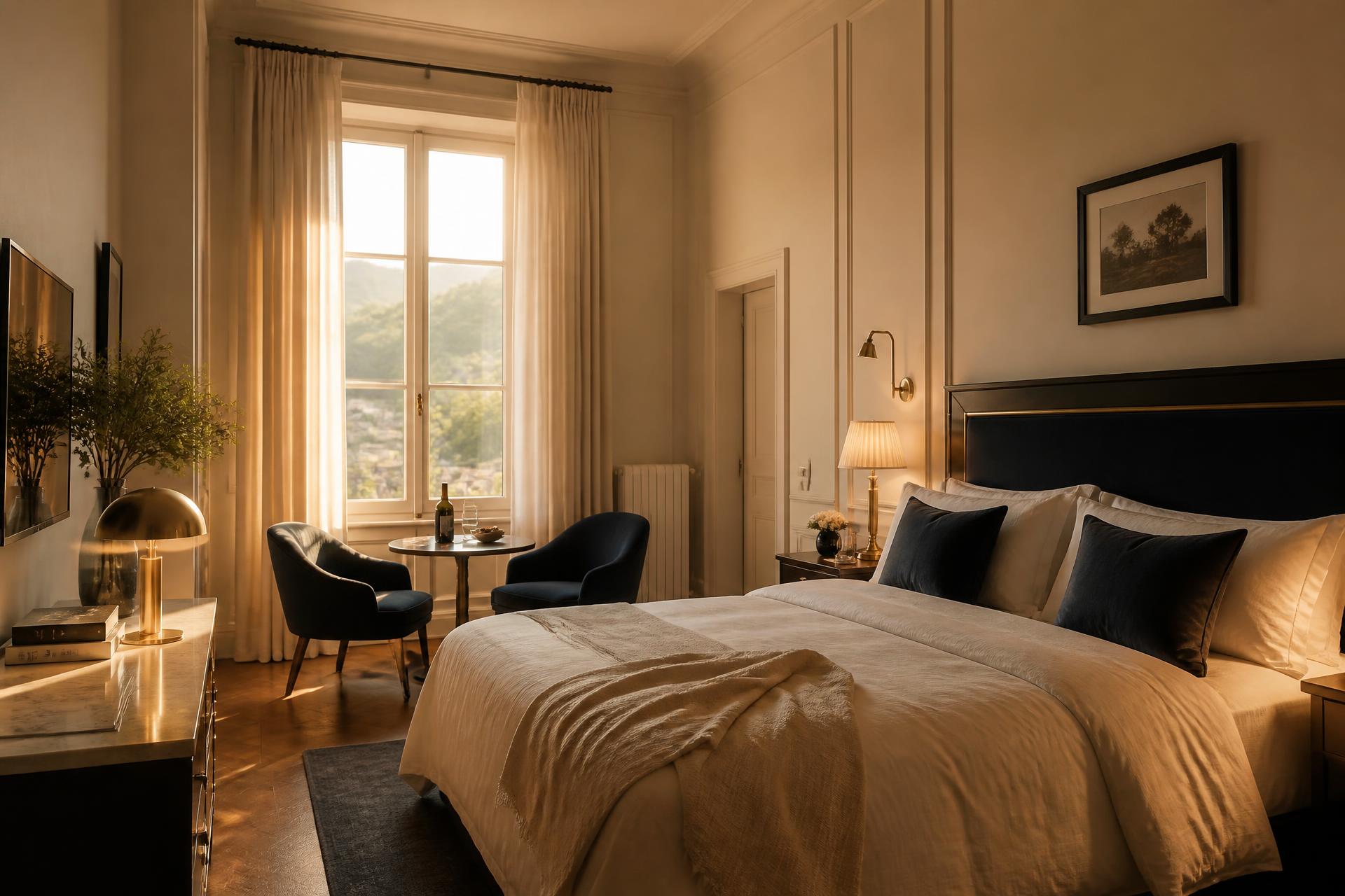 Elegant boutique short-term rental bedroom in warm evening light